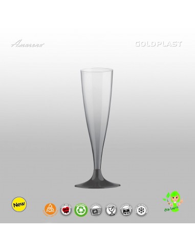 Nerozbitné plastové sklenice Flute na prosecco, 130ml, tmavě-šedá stopka